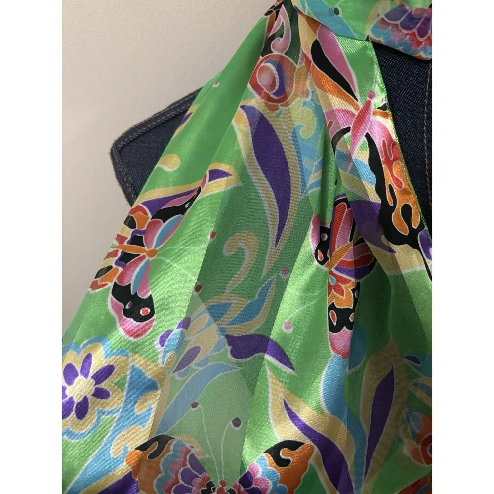 Vibrant Butterfly Scarf Polyester Sheer Green Long Rectangle Neck